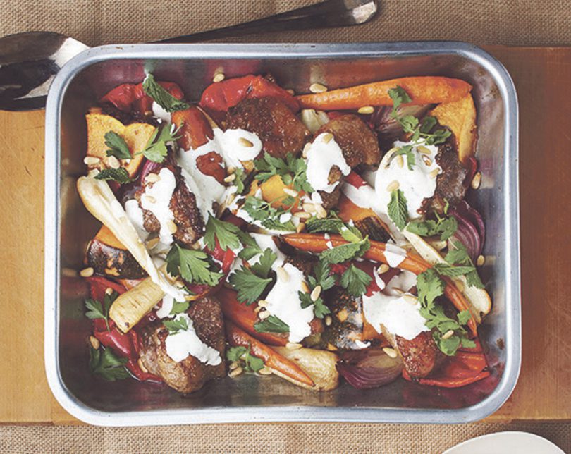 Spiced Lamb and Winter Vegetable Tray Bake with Yogurt, Pine nuts and Herbs